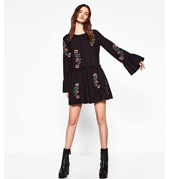 Zara Trafaluc Collection Floral Embroidered Long Sleeve Mini Dress, Size S, NWT - Picture 4 of 16